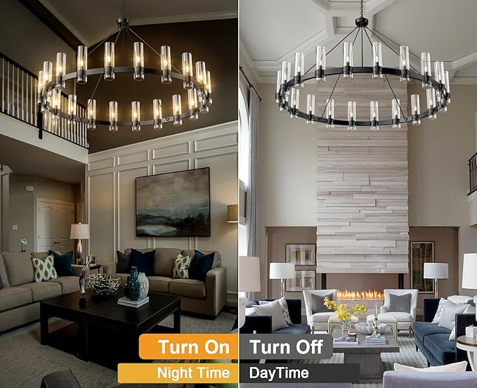 60" Black Wagon Wheel Chandelier, Large 20-Light Farmhouse Round Pendant Light Fixture with Glass Shade, Hanging High Ceilings Chandeliers for Dining Room Kitchen Foyer Entryway Living Room