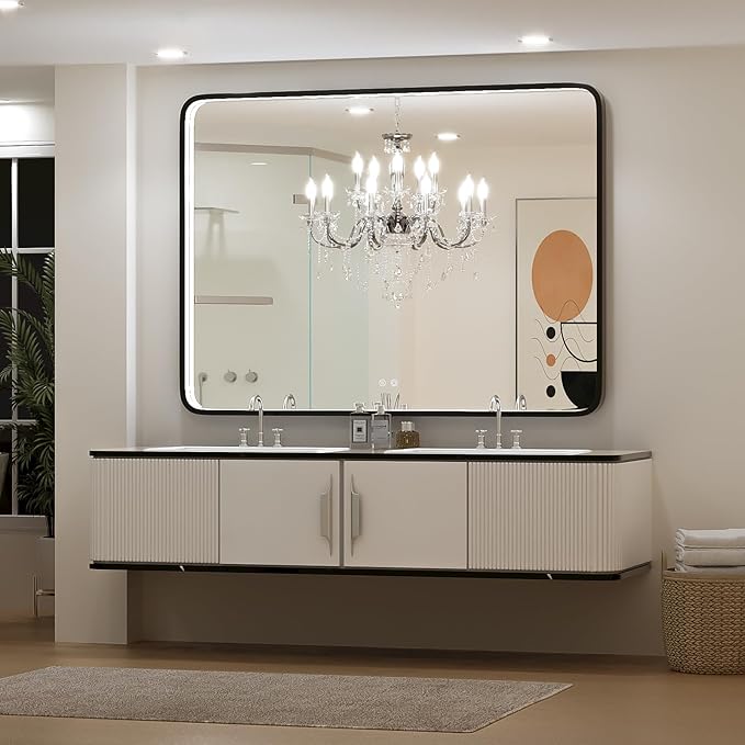 48x36 Inch LED Bathroom Mirror with Lights, Vanity Lighted Black Framed Mirror Anti Fog Stepless Dimmable,Wall Mounted Light up Mirror (Horizontal/Vertical)