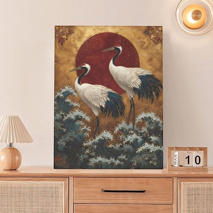 Japanese Crane Wall Art Gold Oriental Asian Wall Decor Sandhill Crane Canvas Pictures Paintings Prints Japan Traditional Aesthetic Artwork Framed Chinese Decorations For Bedroom Living Room Office Gifts 12" x 16"