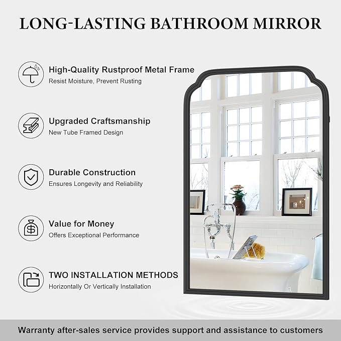 20X30 Inch Black Metal Framed Bathroom Mirror for Wall, Matte Black Bathroom Vanity Mirror, Rectangular Rounded Decor Mirror Anti-Rust, Tempered Glass (Black 20" x 30")