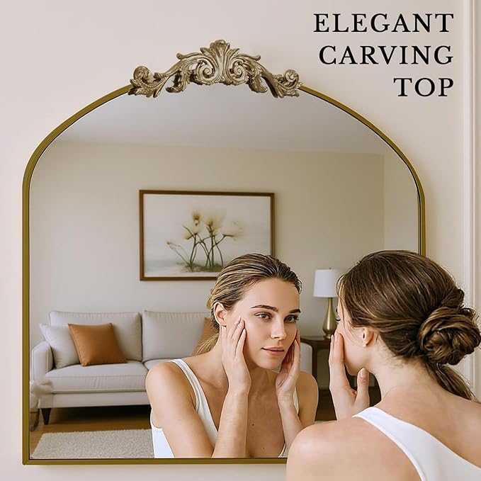MISSDAY Vintage Arched Baroque Mirror for Wall, 36"X30" Antique Wall Mirror with Elegant Carving Top, Full Metal Frame Wall-Mounted Mirror for Bathroom, Living Room, Fireplace, Entryway, Retro Bronze