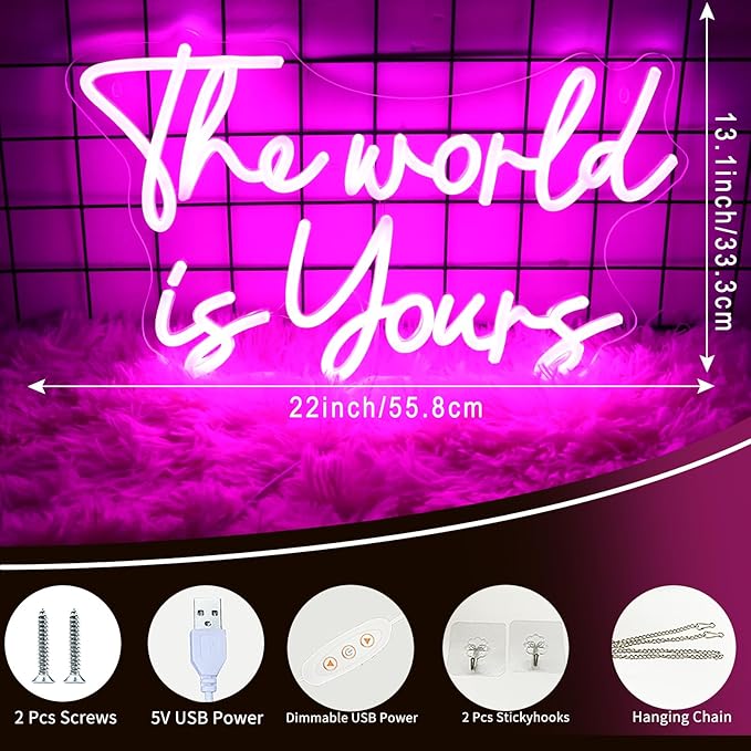 Neonwall The World Is Yours Neon Signs, Pink Led Neon Light for Wall Decor，Light Up Sign for happy birthday, Wedding, Engagement,USB Powered Led Neon Signs for Bedroom Decor 22 x 13'' (Pink)