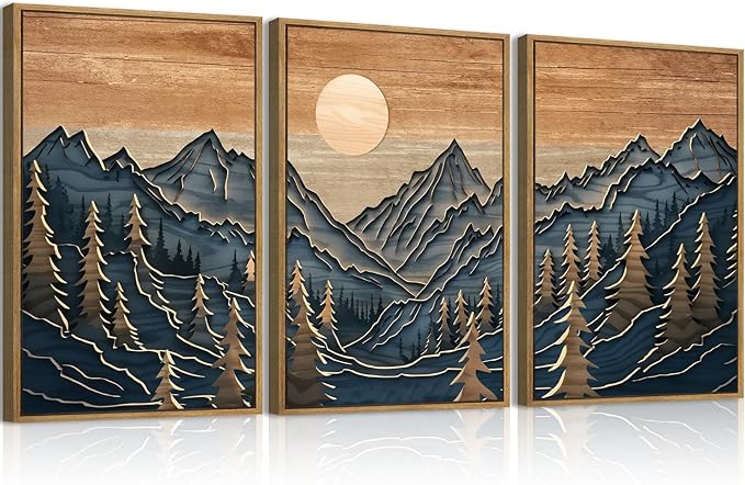 Anyzal Large Mountain Forest Wall Art Decor Framed Vintage Artwork Mid Century Modern Art Print for Living Room Bedroom Office 16x24 Inch Set of 3