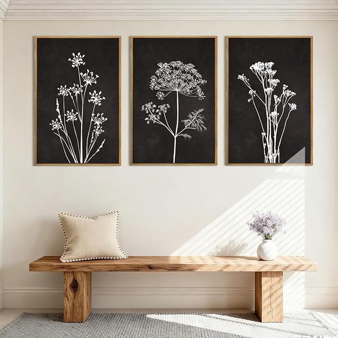 BINCUE Framed Botanical Wall Art Black Grey and White Plant Floral Print Canvas for Living Room Bedroom Office 3 Panel 16x24 Inches