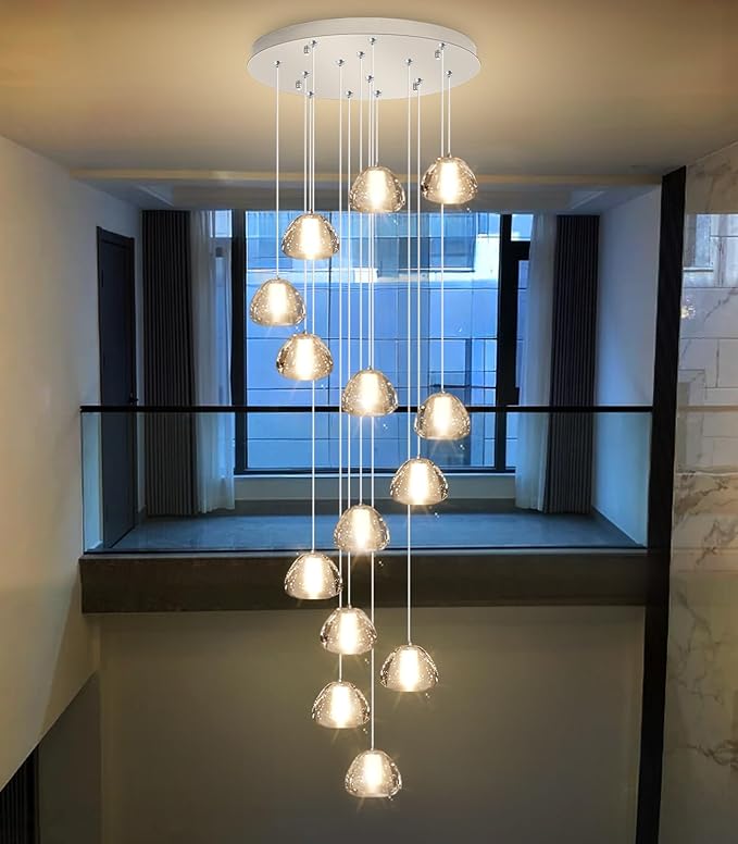 14-Light Modern Chandeliers for Entrance High Ceiling Chandelier Long Lights Fixture LED Ceiling Light Bubble Crystal for Hallway Foyer Stairwell