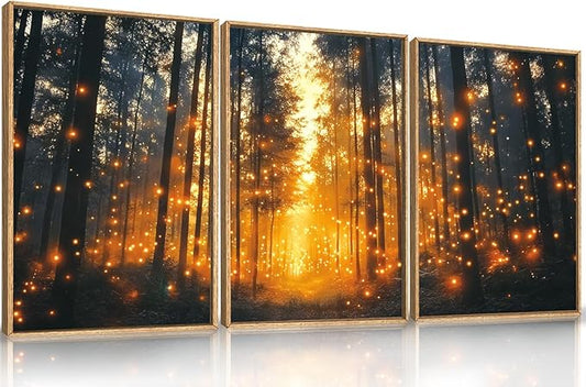 Large Magical Firefly Forest Framed Canvas Wall Art,Enchanted Night Nature Wall Decor,Moody Twinkling Firefly Artwork,Mystical Woodland Art Print for Living Room, Bedroom, Office- 16"x24"x3