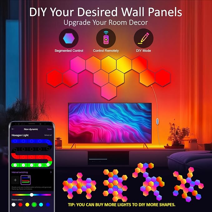 Big Hexagon LED Light - 8 Pack Smart RGB Hexagon LED Panels Wall Lights with APP & Remote Control Cool Music Sync Gaming Lights for Living Room, Bedroom, Gaming Room, Kids, Adults