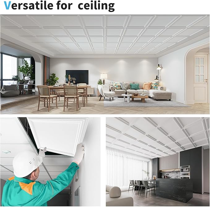 Art3d 24-Pack Drop Relief Ceiling Tiles for Home, Office & Commercial Space, 24 x 24in PVC Waterproof 3D Wall Panels Cover 96 Sq. Ft, White