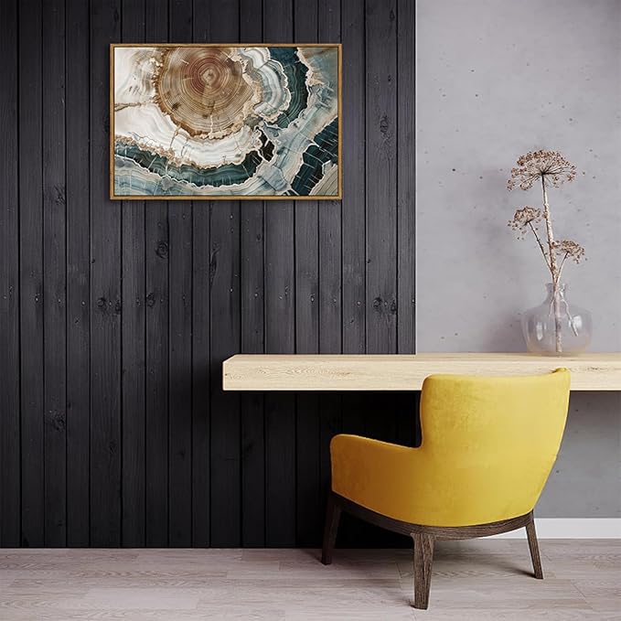 BingruiArt Framed Tree Ring Canvas Wall Art Abstract Wood Wall Decor Boho Modern Colorful Nature Painting Wood Stump Prints Pictures for Living Room Bedroom Bathroom Office 16"x24" Natural Framed(06)