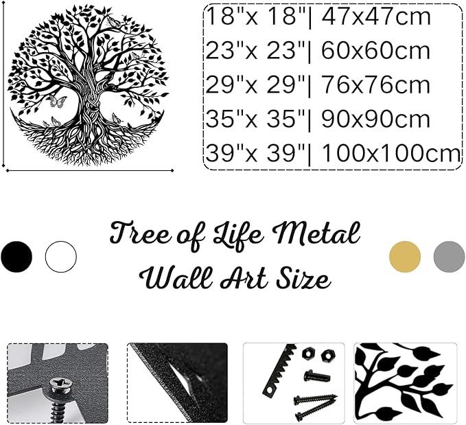 Metal Tree of Life Wall Decor, Circle of Life Metal Trees Wall Art, Branch Art, Spiritual Decor, Modern Sculpture Decoration, Living Room Bedroom Decoration (Sliver-Tree 4, 39"x 39"| 100x100cm)