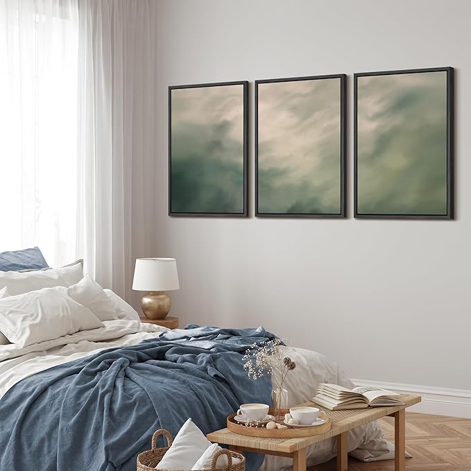 MUDECOR Framed Wall Art Print Set Soft Green Cloudscape Tranquil Abstract Nature Illustrations Modern Art Boho Decorative Colorful Chic for Living Room, Bedroom, Office - 24"x36"x3 Black