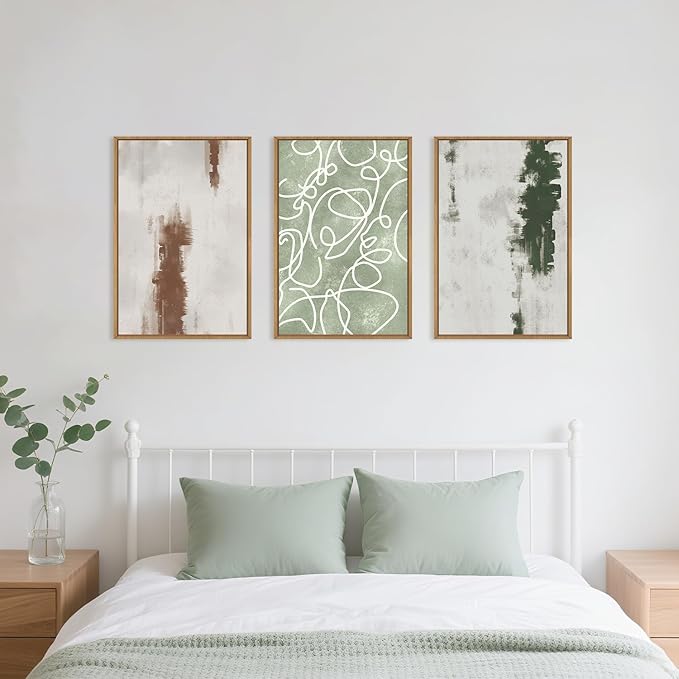 Large Abstract Green and Brown Framed Canvas Wall Art,Neutral Brush Stroke Wall Decor,Modern Watercolor Line Artwork,Minimalist Geometric Art Print for Living Room,Bedroom,Office- 24"x36"x3