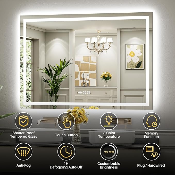 72"x32" LED Bathroom Mirror with Lights, Backlit & Front Lit, Lighted Wall Mirrors for Bathroom Vanity, Touch Screen Dimmable, Anti-Fog, Memory Function, HD Tempered Glass, Shatter-Proof, ETL Listed