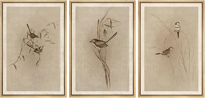 MUDECOR Framed Wall Art Print Set Vintage Bird Wheat Ear Illustrations Modern Art Boho Decorative Colorful Chic for Living Room, Bedroom, Office - 16"x24"x3 Natural