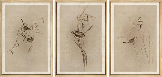 MUDECOR Framed Wall Art Print Set Vintage Bird Wheat Ear Illustrations Modern Art Boho Decorative Colorful Chic for Living Room, Bedroom, Office - 24"x36"x3 Natural