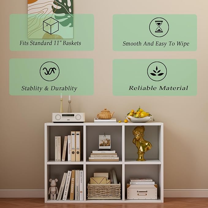 6-Cube Storage Shelf Bookcase - Wooden 3-Tier Floor Standing Open Bookshelf for Home and Office, Display Cabinet, Warm White