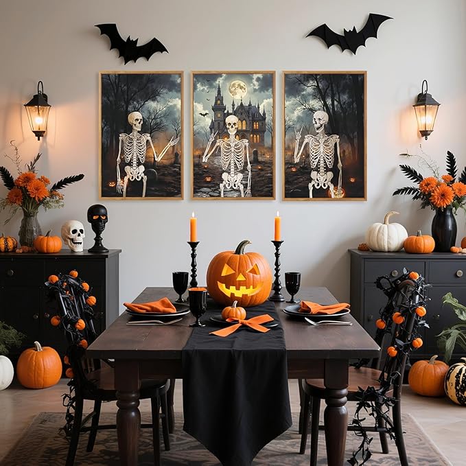CHDITB Spooky Skeleton Framed Canvas Wall Art Set, Pumpkin Wall Decor, Strange Haunted Mansion Art Wall Painting, Vintage Gothic Skull Art Prints for Living Room, Halloween Party Decoration 16"x24"x3