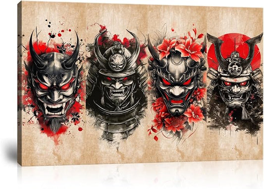 Japanese Samurai Wall Decor Bushido Wall Art Red and Black Canvas Pictures for Japan Theme Restaurant Tavern Hotels Bedroom Living Room Office Bathroom Asian Artwork Prints Framed