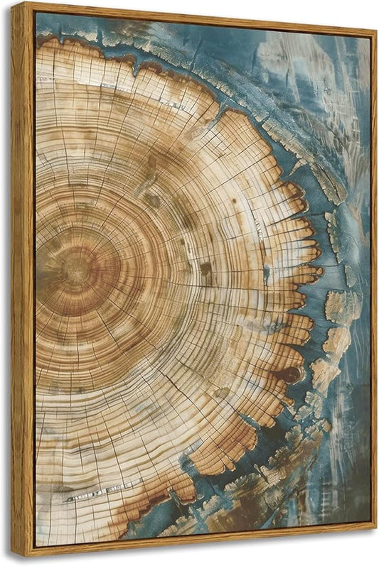 BingruiArt Framed Tree Ring Canvas Wall Art Abstract Wood Wall Decor Boho Modern Colorful Nature Painting Wood Stump Prints Pictures for Living Room Bedroom Bathroom Office 12"x16" Natural Framed(08)