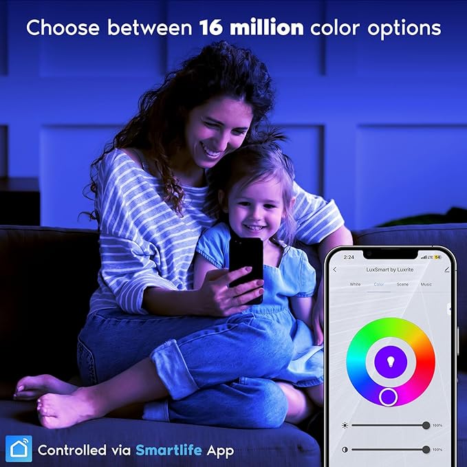 LUXRITE 12-Pack 6 Inch Square Smart LED Recessed Lighting, RGBW Color Changing, WiFi App Control, Voice Control with Alexa and Google Home, No Hub Required, 13W 1000LM, CRI 90, IC Rated, Wet Rated