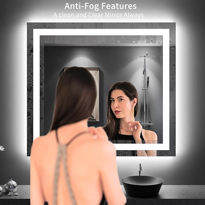 LOAAO 40"X36" LED Bathroom Mirror with Lights, Anti-Fog, Dimmable, Backlit + Front Lit, Lighted Bathroom Vanity Mirror for Wall, Memory Function, Tempered Glass, Shatter-Proof, ETL Listed
