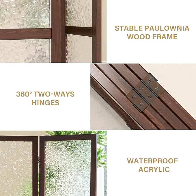 4 Panel Acrylic Room Divider Privacy Screen - Freestanding Frosted Translucent Partition, Lightweight Modern for Home Office Studio (Walnut, 4 Panels)