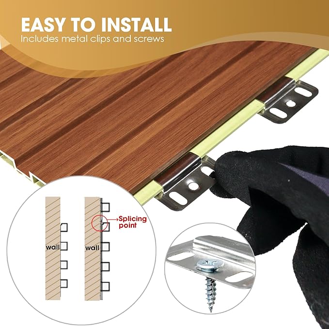 OUZUGIE WPC Acoustic Slat Wall Paneling, 8-Pack 96 x 6 Inches 3D Wall Panels for Interior Wall Decor,Living Room,TV Background,Study Room,Office Spaces,Bedroom,Low Grille (Teak)