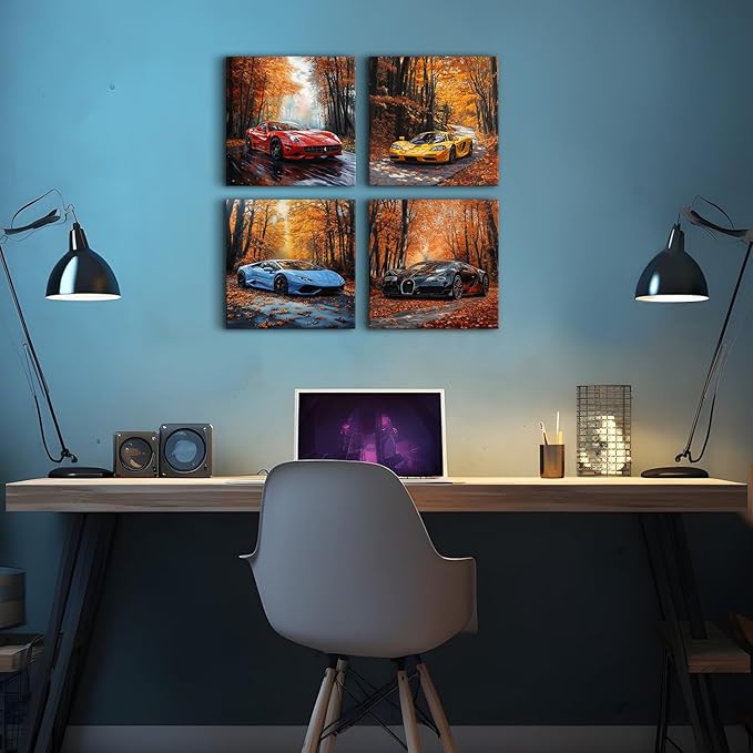 Lamborghini Wall Art Cool Car Posters for Boys Room Decor Rustic Fall Nature Forest Pictures with Sports Vehicle Painting Canvas Print Artwork Living Room Bedroom Office Dorm Home Decoration 12x12" 4P