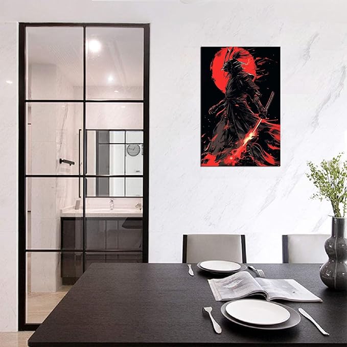Black and Red Japanese Samurai Wall Art Bushido Pictures Wall Decor Canvas Prints Armored Samurai Painting Poster Artwork Modern Home Decor Framed for Bedroom Living Room Office (12''W x 16''H)