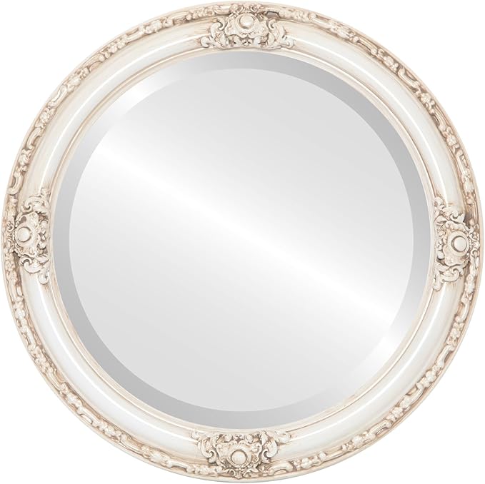 OVALCREST Round Beveled Wall Mirror for Home Decor - Jefferson Style - Antique White - 16x16 Outside Dimensions