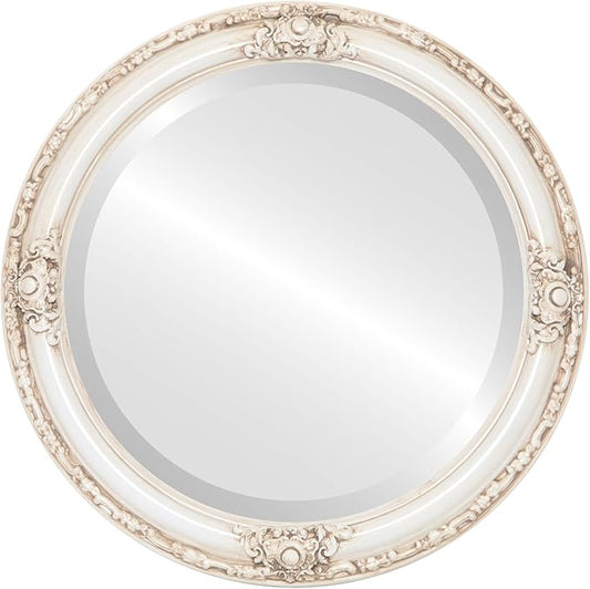 OVALCREST Round Beveled Wall Mirror for Home Decor - Jefferson Style - Antique White - 16x16 Outside Dimensions