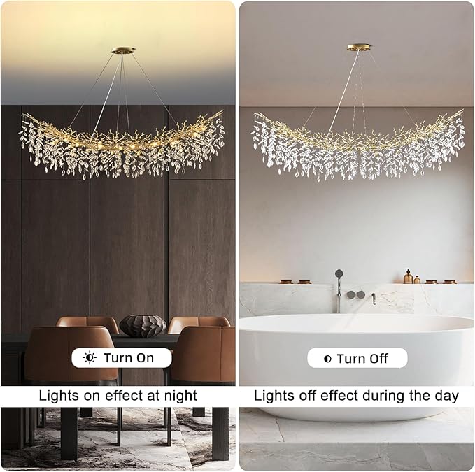 Modern Crystal Gold Chandelier,72" Large Rectangular Chandeliers for Dining Room, Tree Branch Crystal Lving Room Chandelier,Dining Room Over Table Chandeliers,Fixture Height-Adjustable