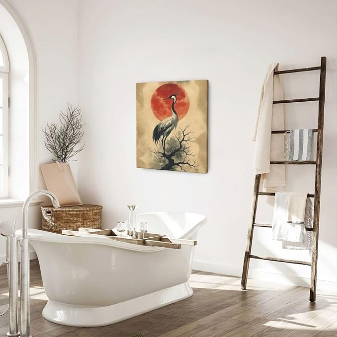 Japanese Crane Wall Art Oriental Asian Wall Decor Sandhill Crane Canvas Pictures Paintings Prints Japan Traditional Aesthetic Artwork Framed Chinese Decorations For Bedroom Living Room Office Gifts 20" x 24"