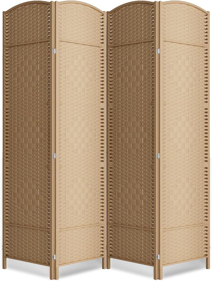 6 ft. Tall Room Divider and Folding Privacy Screen, Weave Fiber Foldable Panel Wall Divider with Diamond Pattern Weaved & 4 Panel Room Screen Divider Separator, Freestanding Room Divider