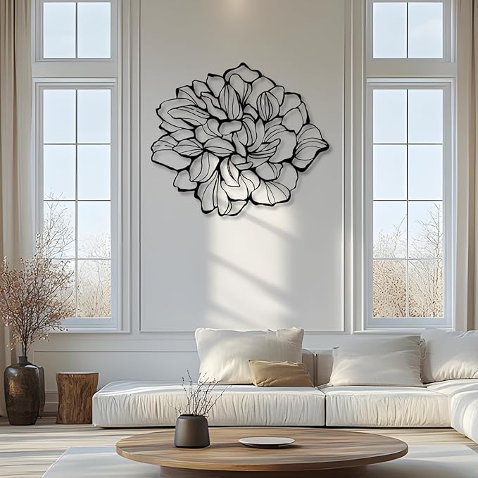 Bisamu Metal Flower Wall Art, Minimalist Floral Line Wall Decor for Living Room, Bedroom, Bathroom, Housewarming Gift for Women,Black Metal Wall Decor Art (39"x 34" | 100x86cm)