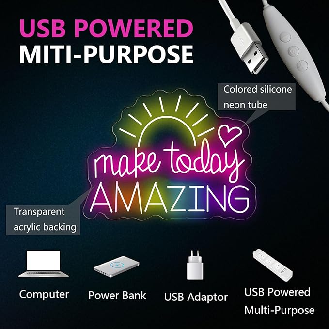 Make Today Amazing Neon Sign Heart Sunrise Positive Led Neon Light for Wall Decor Inspirational Rainbow Color Light Sign Boho Wall Art LED Neon Light Up Sign for Party Wedding Birthday School Gym