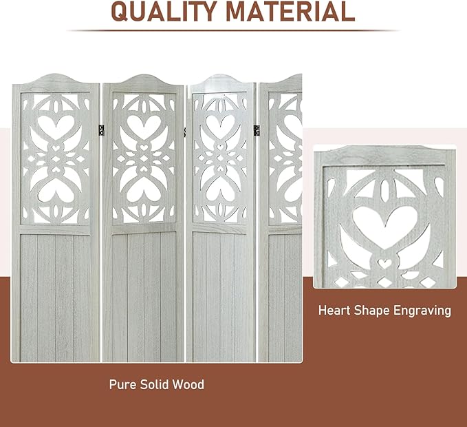 6 Panel Room Divider Fully Assembled, Carved Room Dividers and Folding Screens, 5.6Ft Wood Room Divider Screen Freestanding Partition Wall Dividers for Home Bedroom Office, Rustic White