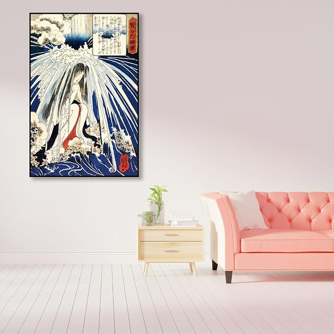 OKRA Utagawa Kuniyoshi Canvas Wall Art Hatsuhana Doing Penance Under The Tonosawa Waterfall Poses Poster Japanese Ukiyo-E Woodcut Art Animal Nature Landscape Poster Japanese Classic 12×18in/30×45cm
