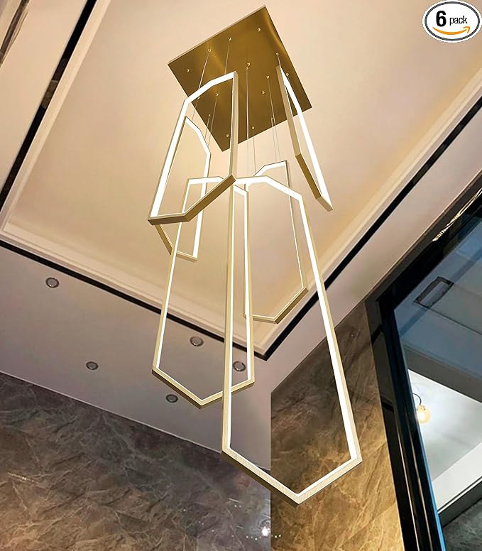 6-Rings Chandelier Modern, Gold Large Contemporary LED Light for Living Room Entrance, Dimmable Flush Mount High Ceiling Chandeliers with Remote Control for Villa Foyer