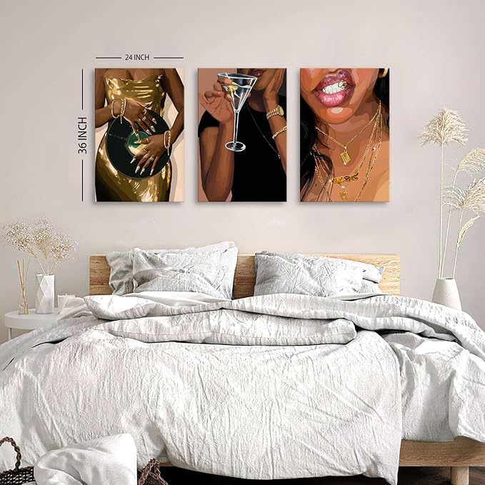 Large Abstract Black Girl Wall Art Living Room Decor Boho Trendy Woman Framed Canvas Vintage Fashion Female Poster Prints Modern Aesthetic Painting Picture for Bathroom Interior Decoration 24x36 3Pcs