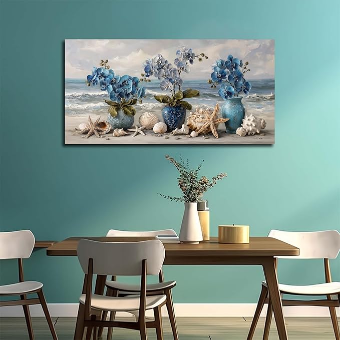 Large Beach Wall Art Blue Wall Decor Floral Canvas Art Coastal Seascape Ocean Pictures Flower Vase Poster Starfish Conch Shell Print Art for Bedroom Bathroom Living Room Office 24"x 48"