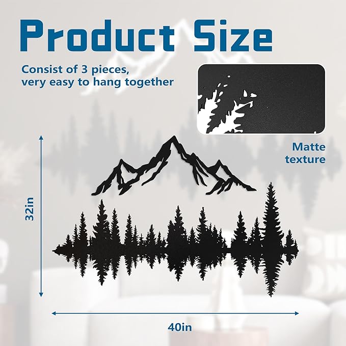 Metal Mountain Wall Art 40" x 32", Mountain Wall Decor, Art Wall Hangings for Living Room, Bedroom, Black, 40 Inch Long