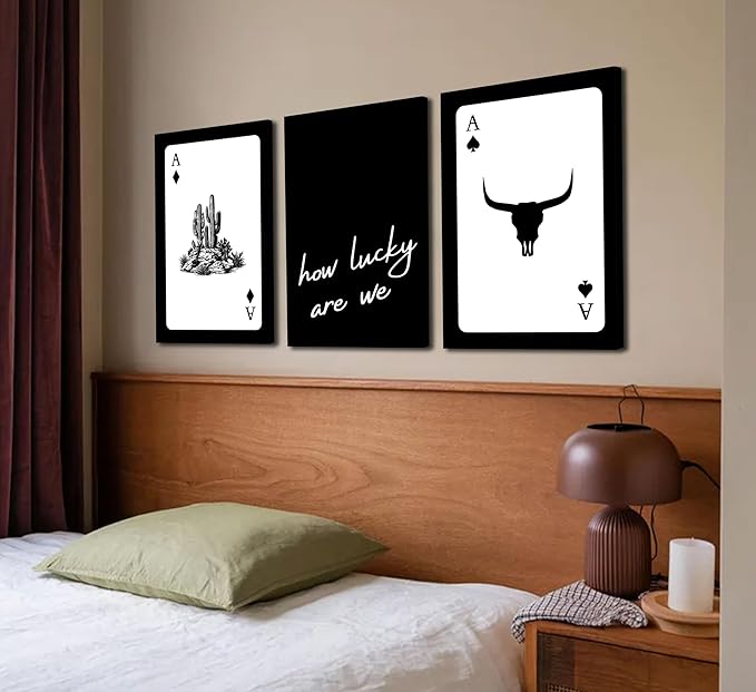 3Pcs Black and White Western Canvas Wall Art Country Southwest Poster Vintage Poker Ace Picture Cactus Bull Skull and How Lucky We Are Painting for Bedroom Living Room 16x24in Framed