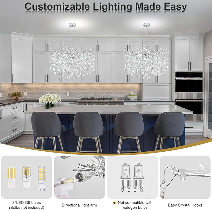 Modern Crystal Chandeliers for Dining Room, 24" Silver Tree Branch Chandelier 8 Lights Kitchen Island Lighting Round Hanging Pendant Light Fixtures Embossed Chandelier for Living Room Foyer