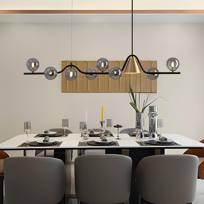 L55 in Mid Century Modern Chandelier, Black and Gold Globe Sputnik Glass Chandeliers Light Fixture,Rectangular Chandelier, 9 Light Dining Room Light Fixtures Over Table