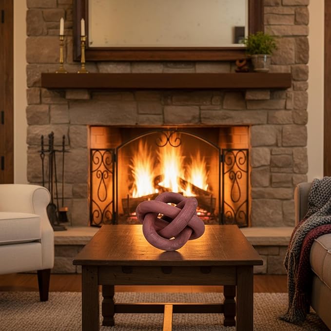 3 Link Wood Knot Decor - Hand Carved Coffee Table Decoration, Boho Chain Link Decor, Modern Shelf, Rustic Objects for Home Living Room Bedroom (Reddish-Brown)