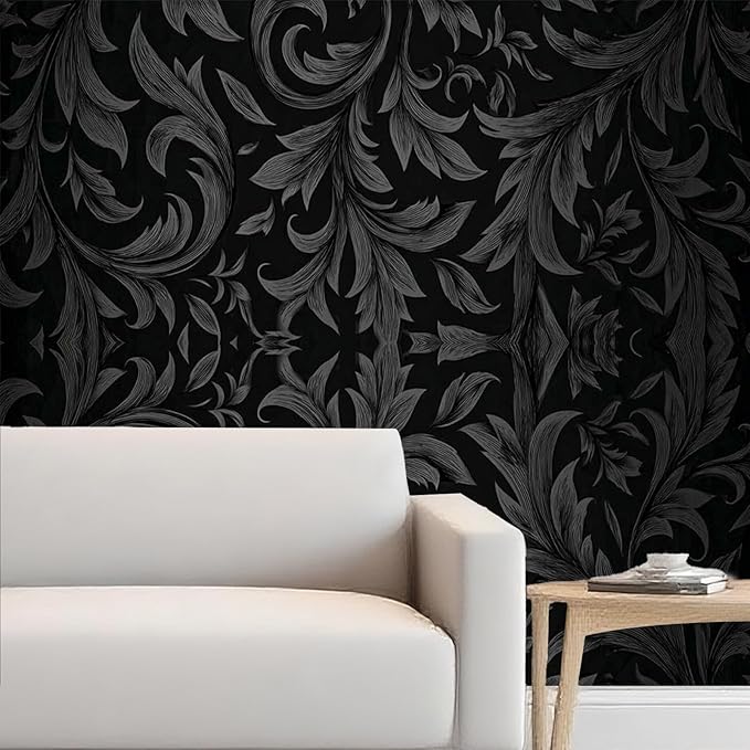 Nuxovilar Black Damask Floral Textured Peel and Stick Wallpaper, 15.75"x39.37", Self-Adhesive Contact Paper, Vintage Elegant Pattern for Bedroom, Living Room and Table Decor