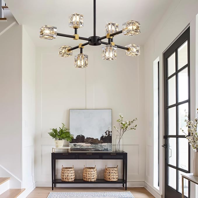 Black Sputnik Chandelier,Crystal Chandeliers with 8-Lights,Modern Semi Flush Mount Ceiling Light Fixture with Adjustable Height,Pendant Light Fixture for dining room,kitchen island,bedroom,living room