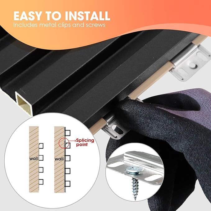 OUZUGIE WPC Acoustic Slat Wall Paneling, 8-Pack 96 x 6 Inches 3D Wall Panels for Interior Wall Decor,Living Room,TV Background,Study Room,Office Spaces,Bedroom,High Grille (Black)