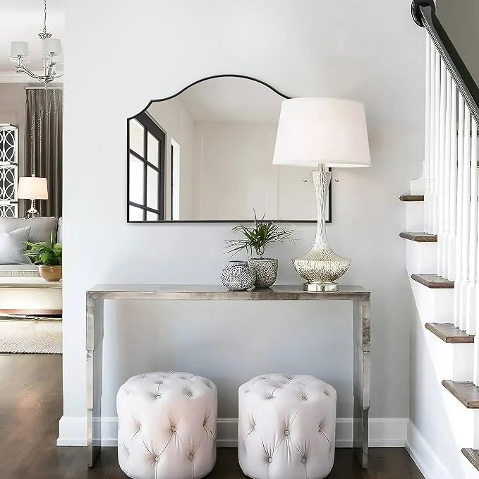 Black Scalloped Arched Mirror: 35"x26" Large Modern Wall Mirror - Minimalist Decorative Dresser Mirrors for Vanity/Bedroom/Fireplace/Living Room/Entryway/Wall Decor